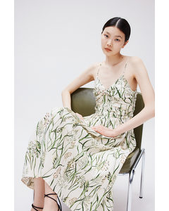 Linen-blend Strappy Dress Cream/green Patterned