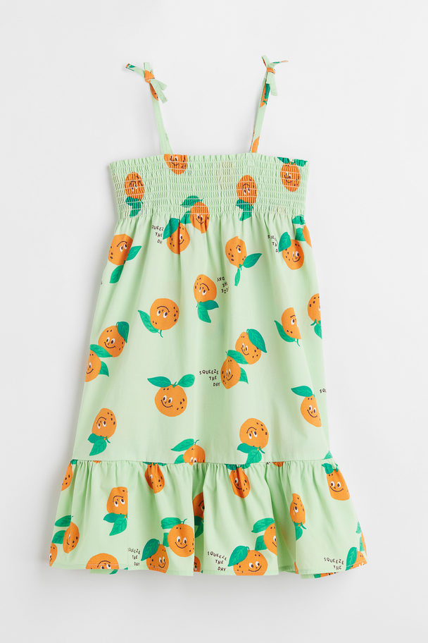 H&M Smocked Cotton Dress Light Green/oranges