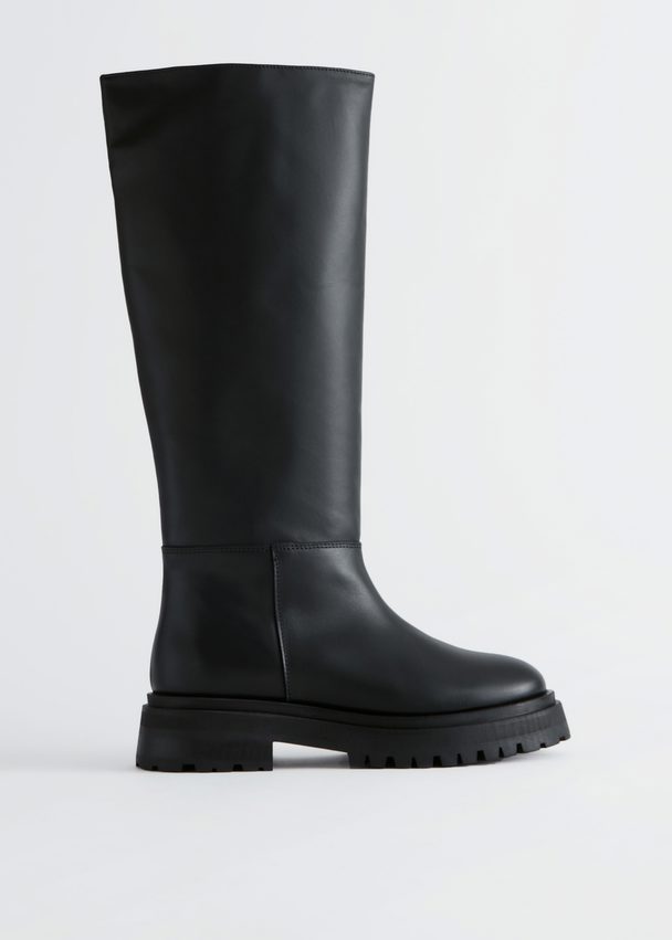 & Other Stories Chunky Tall Leather Boots Black