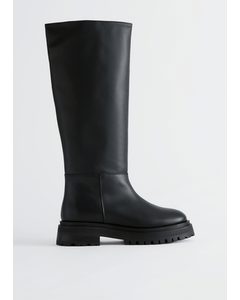 Chunky Tall Leather Boots Black
