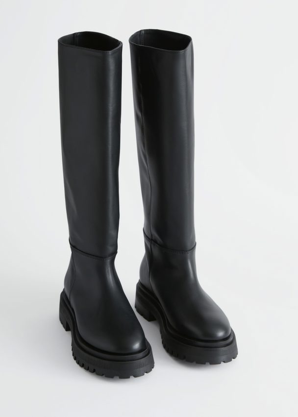 & Other Stories Chunky Tall Leather Boots Black