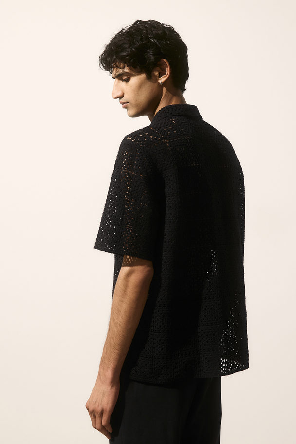 H&M Regular Fit Crochet-look Resort Shirt Black