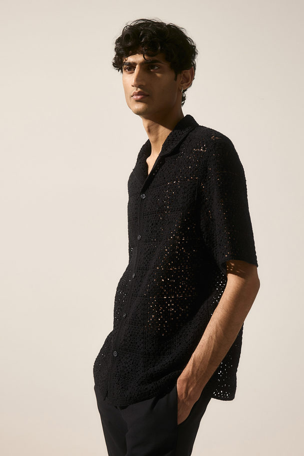 H&M Regular Fit Crochet-look Resort Shirt Black