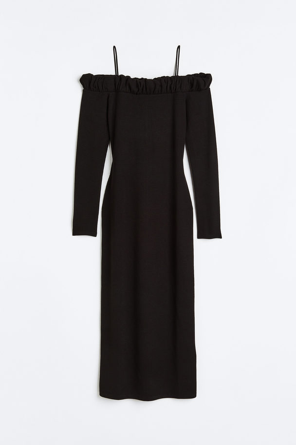 H&M Frill-trimmed Off-the-shoulder Dress Black