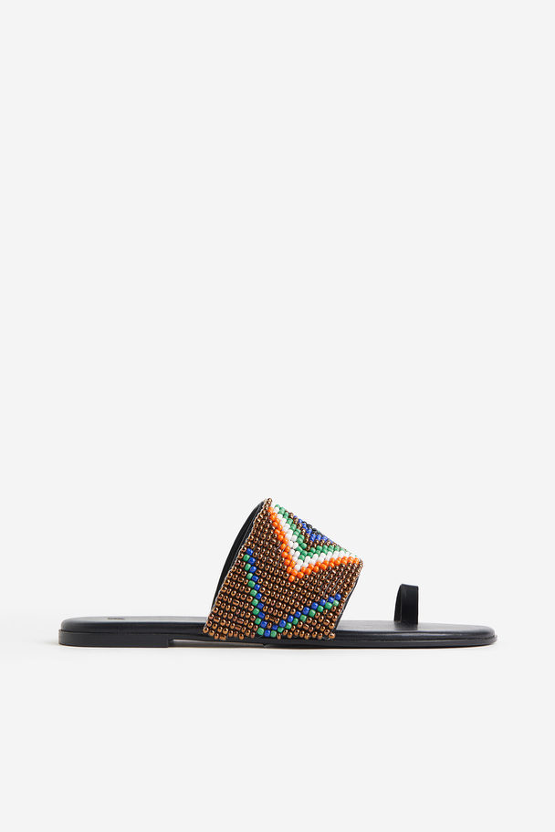 H&M Toe Loop Slides Black/patterned