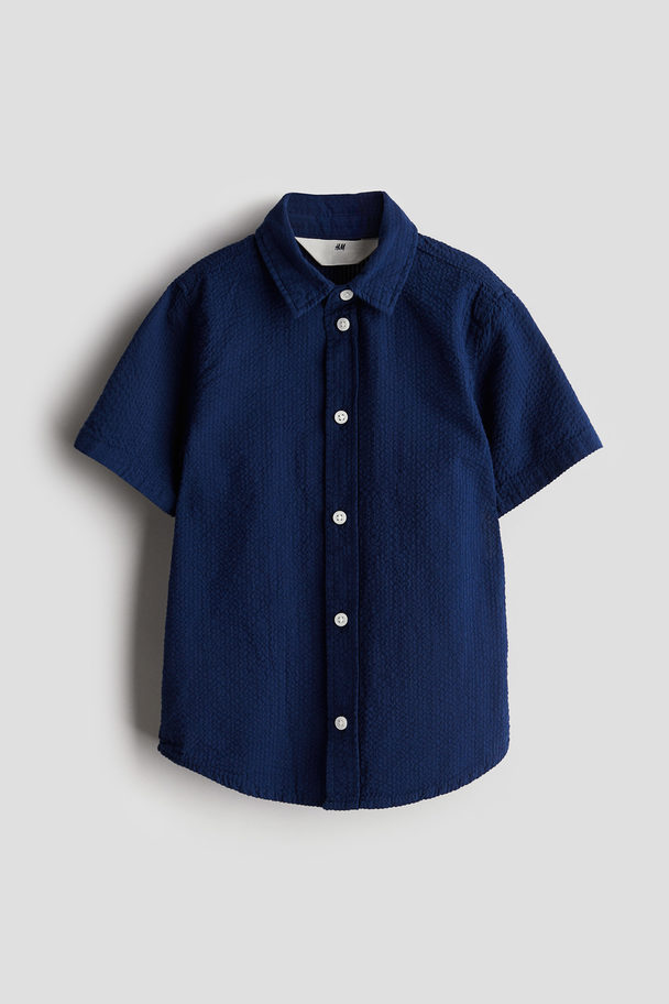 H&M Short-sleeved Cotton Shirt Navy Blue