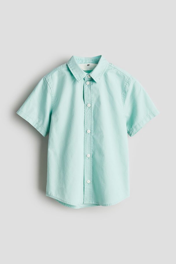 H&M Short-sleeved Cotton Shirt Turquoise