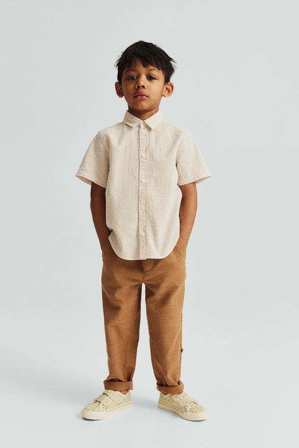 H&M Short-sleeved Cotton Shirt Beige/striped