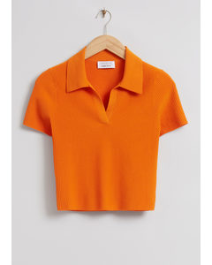 Cropped Open Collar Knit Top Orange