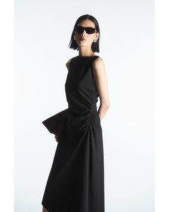 Asymmetric Gathered Midi Dress Black