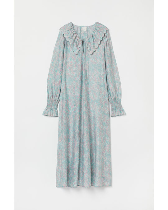 H&M Long Flounce-collared Dress Light Turquoise/floral