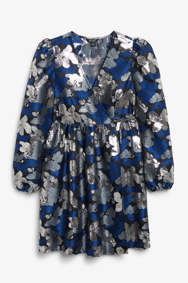 Monki Floral Jacquard Wrap Babydoll Dress Blue & Silver Flowers
