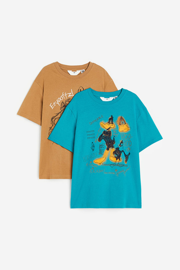 H&M Set Van 2 T-shirts Met Print Turkoois/looney Tunes