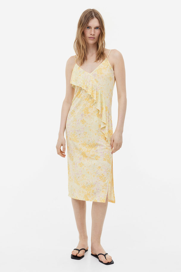 H&M Slip In-kjole Med Flæsedetalje Lysegul/blomstret