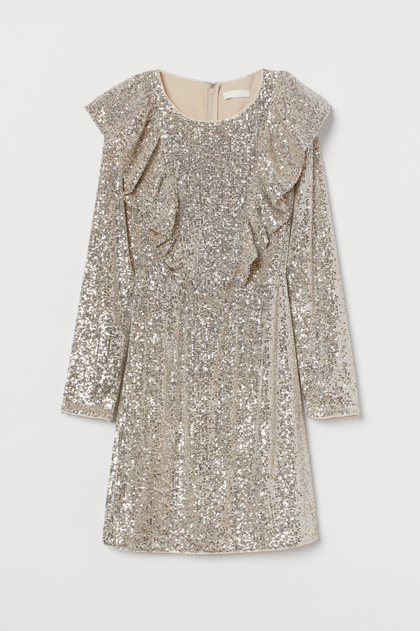 H&M Flounce-trimmed Sequined Dress Light Beige/silver-coloured