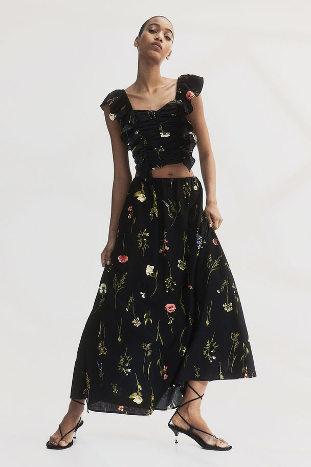 H&M Linen-blend Maxi Skirt Black/floral