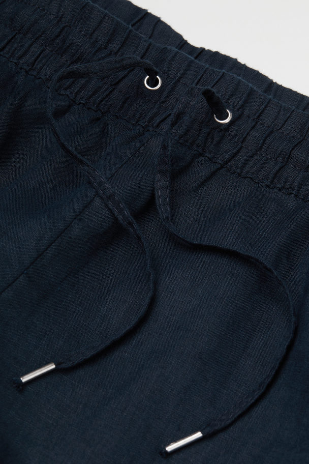 H&M H&m+ Pull-on Linen Trousers Navy Blue