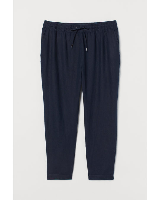H&M H&m+ Pull-on Linen Trousers Navy Blue