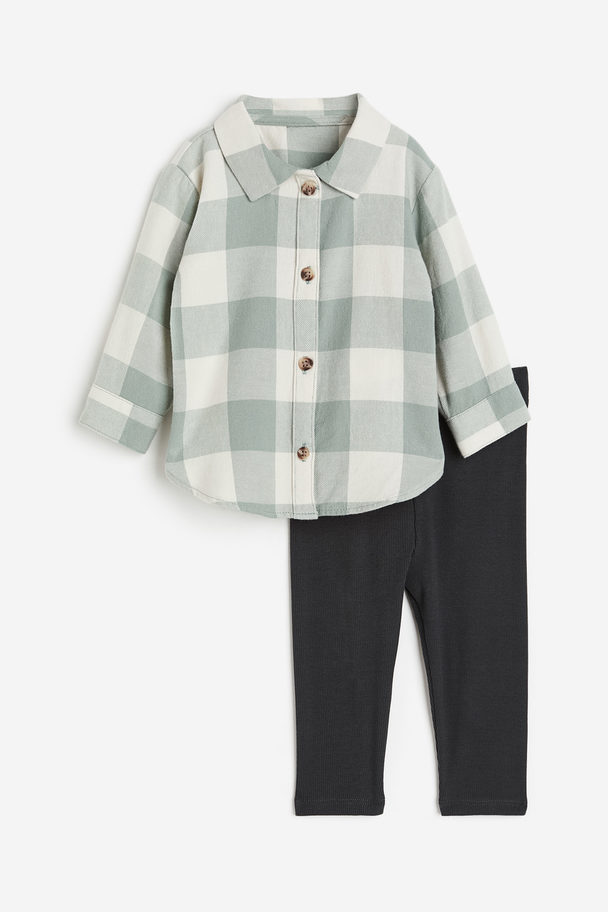 H&M 2-piece Shirt And Leggings Set Light Green/checked