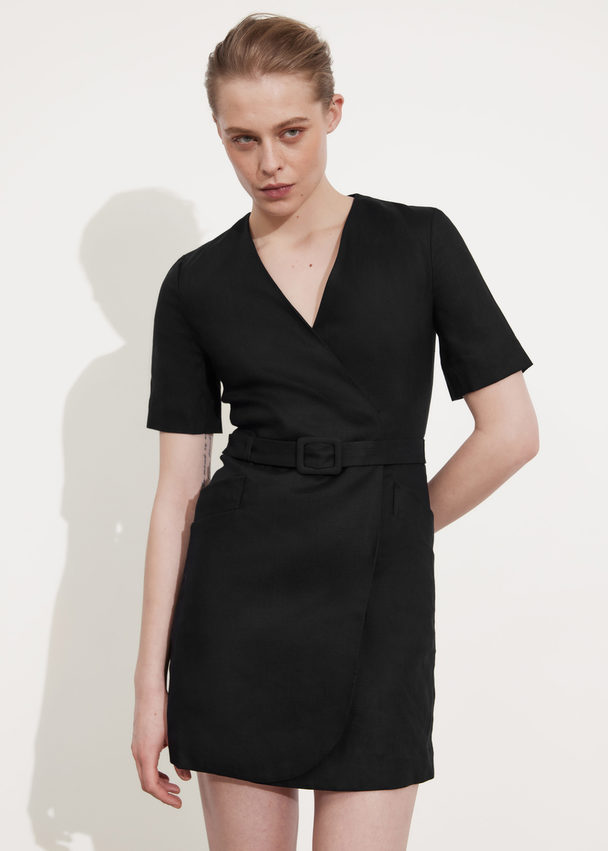 & Other Stories Tailored Linen Belted Mini Dress Black