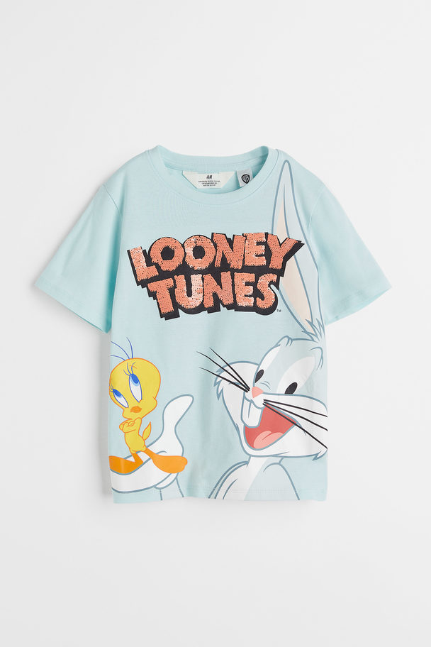 H&M T-shirt Met Omkeerbare Pailletten Lichtturkoois/looney Tunes