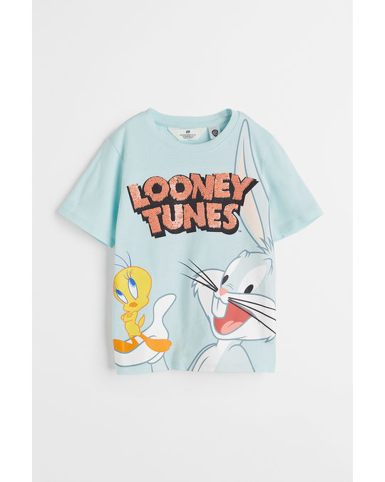 H&M Reversible Sequin T-shirt Light Turquoise/looney Tunes