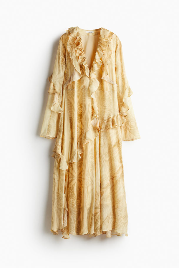 H&M Ruffled Patterned Dress Pastel Yellow/patterned