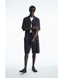 Pleated Checked Seersucker Board Shorts Navy / Checked