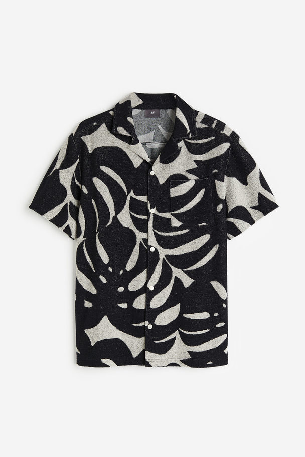 H&M Regular Fit Terry Resort Shirt Black/leaf-patterned