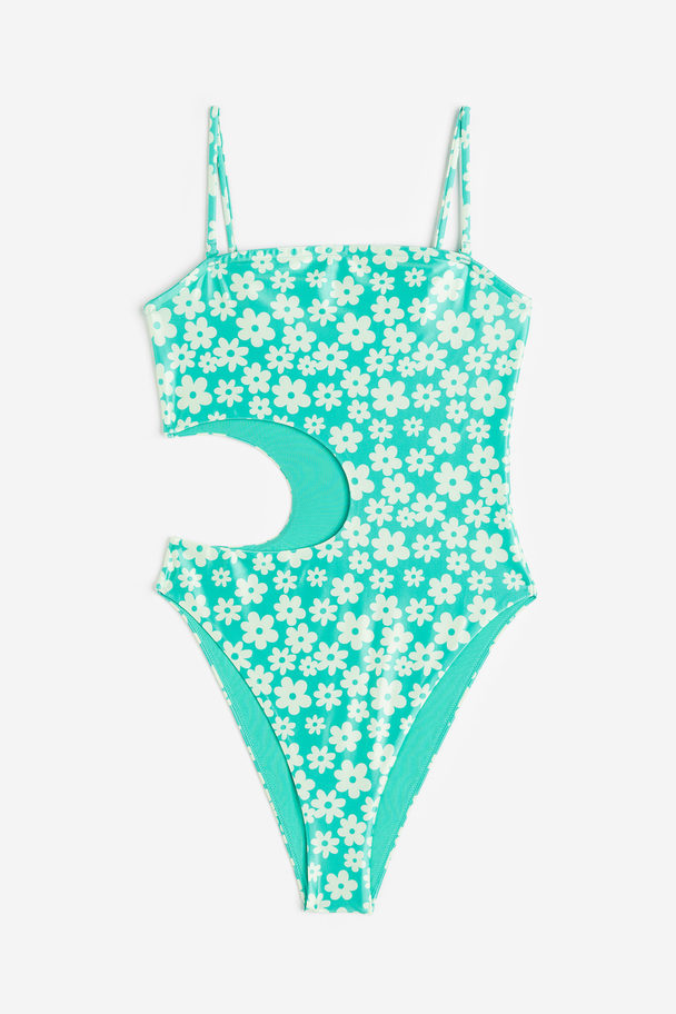 H&M High Leg Cut-out Swimsuit Bright Green/floral