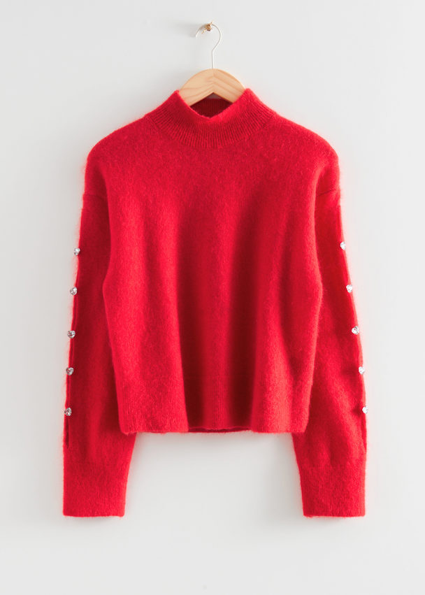 & Other Stories Cropped Rhinestone Embellished Jumper Bright Red