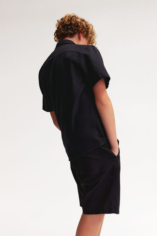 H&M Short-sleeved Linen-blend Shirt Black