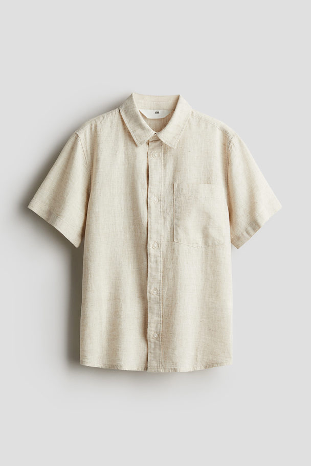 H&M Short-sleeved Linen-blend Shirt Ecru