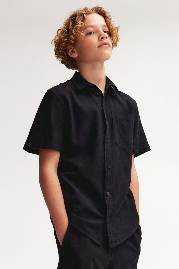 H&M Short-sleeved Linen-blend Shirt Black
