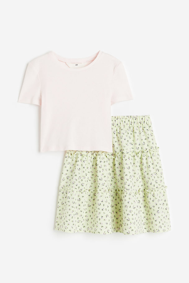 H&M 2-piece Top And Skirt Set Light Green/floral