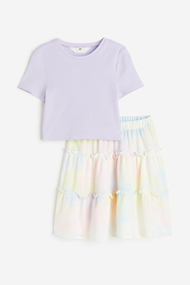 H&M 2-piece Top And Skirt Set Lilac/light Yellow