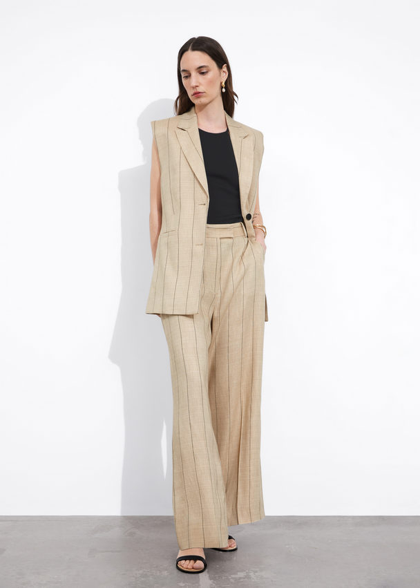 & Other Stories Wide Linen-blend Trousers Beige Pinstripe