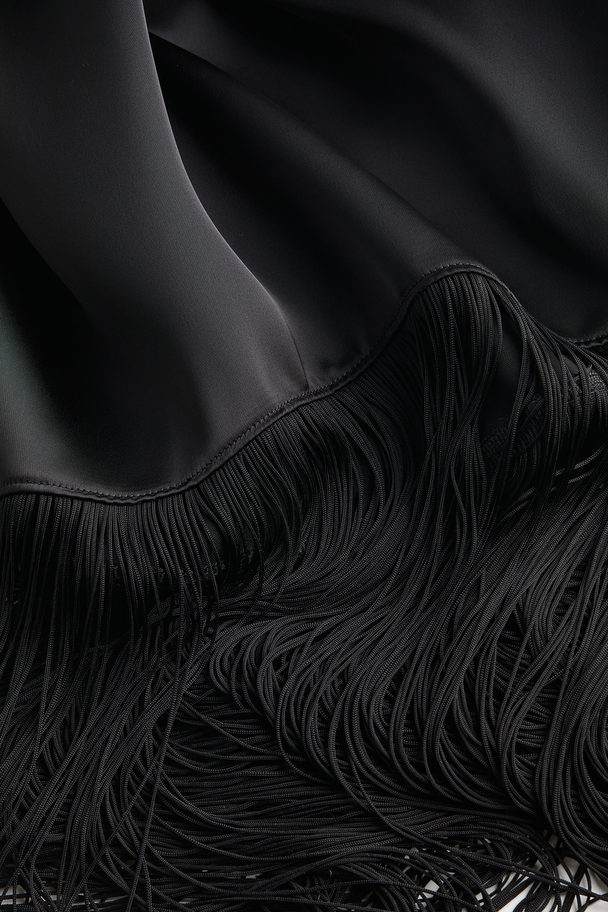 H&M Fringe-trimmed Satin Dress Black