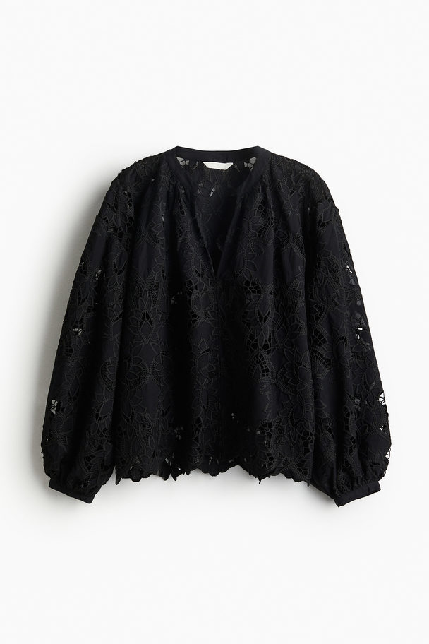 H&M Bluse mit Broderie Anglaise Schwarz