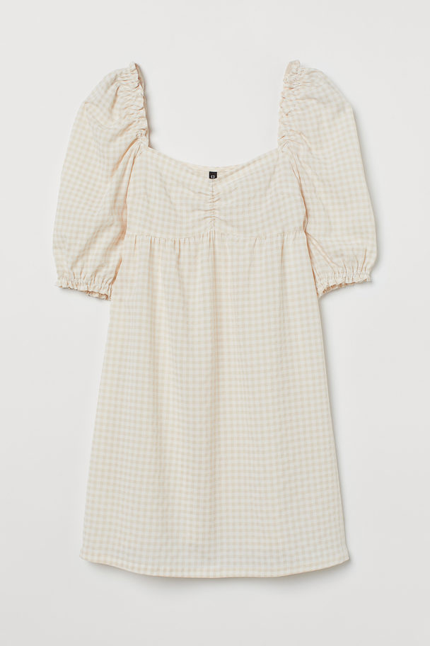 H&M Puff-sleeved Dress Light Beige/white Checked