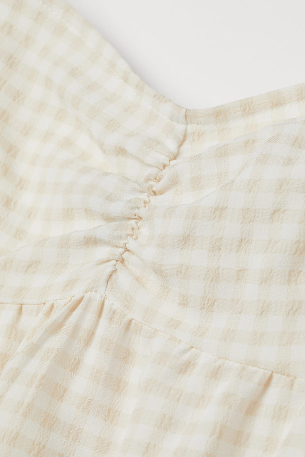 H&M Puff-sleeved Dress Light Beige/white Checked