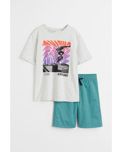 T-shirt Og Shorts Lysegråmeleret/grøn