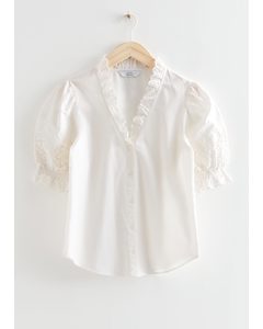 Frilled Embroidery Blouse White