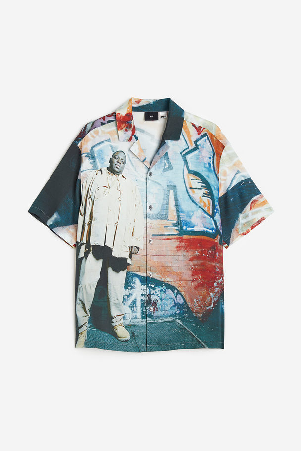 H&M Relaxed Fit Patterned Resort Shirt Blue/the Notorious B.i.g.