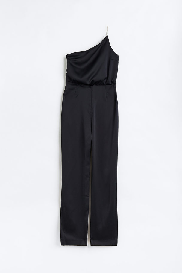 H&M Rhinestone-strap One-shoulder Jumpsuit Black