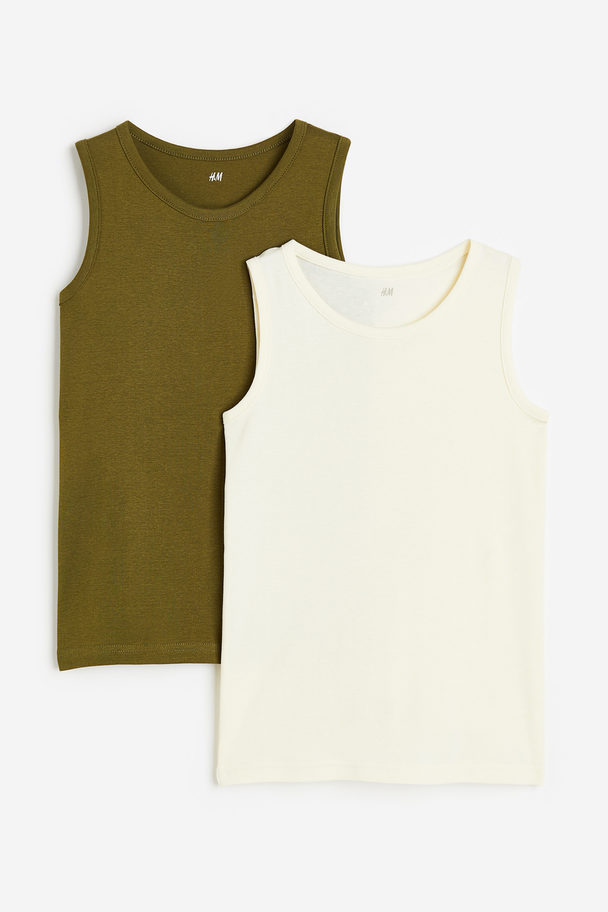 H&M 2-pack Cotton Vest Tops Dark Khaki Green/white