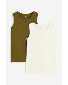 2-pack Cotton Vest Tops Dark Khaki Green/white