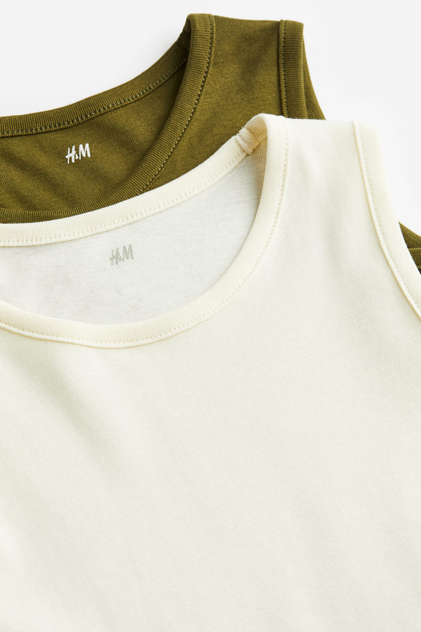 H&M 2-pack Cotton Vest Tops Dark Khaki Green/white