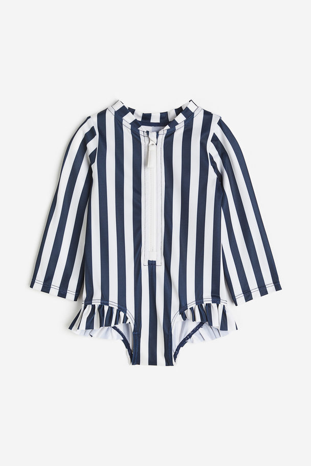 H&M Long-sleeved Swimsuit Dark Blue/striped