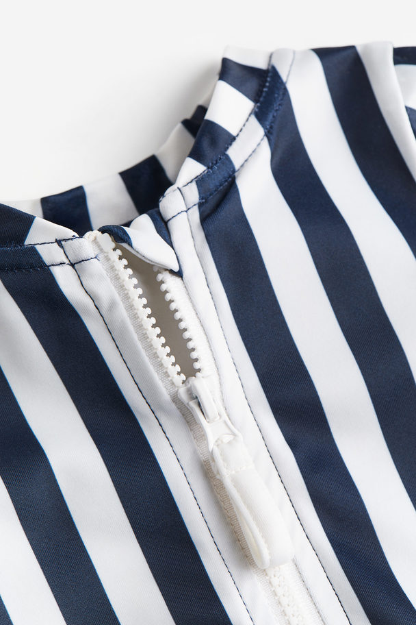 H&M Long-sleeved Swimsuit Dark Blue/striped